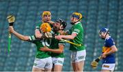 4 May 2022; Limerick players, from left, Adam English, Patrick Reale, Ethan Hurley and Brian O’Meara celebrate after their side's victory in the oneills.com Munster GAA Hurling U20 Championship Final match between Limerick and Tipperary at TUS Gaelic Grounds in Limerick. Photo by Seb Daly/Sportsfile