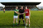 25 April 2022; Referee Chris Maguire with team captains Sean O'Brien of Kerry and Darragh Cashman of Cork during the EirGrid Munster GAA Football Under 20 Championship final match between Kerry and Cork at Austin Stack Park in Tralee, Kerry. Photo by Eóin Noonan/Sportsfile