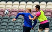 6 May 2022; Tommy O'Brien offloads under pressure from Ryan Baird during the Leinster Rugby captain's run at Mattoli Woods Welford Road in Leicester, England. Photo by Harry Murphy/Sportsfile