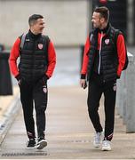 6 May 2022; Ciarán Coll, left, and Cameron Dummigan of Derry City arrive for the SSE Airtricity League Premier Division match between Derry City and Bohemians at The Ryan McBride Brandywell Stadium in Derry. Photo by Stephen McCarthy/Sportsfile