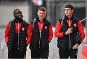 6 May 2022; Derry City players, from left, James Akintunde, Gerard Storey and Eoin Toal arrive for the SSE Airtricity League Premier Division match between Derry City and Bohemians at The Ryan McBride Brandywell Stadium in Derry. Photo by Stephen McCarthy/Sportsfile