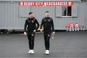 6 May 2022; Grant Horton, left, and James Finnerty of Bohemians arrive for the SSE Airtricity League Premier Division match between Derry City and Bohemians at The Ryan McBride Brandywell Stadium in Derry. Photo by Stephen McCarthy/Sportsfile