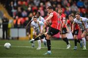 6 May 2022; Will Patching of Derry City scores his side's first goal, a penalty, during the SSE Airtricity League Premier Division match between Derry City and Bohemians at The Ryan McBride Brandywell Stadium in Derry. Photo by Stephen McCarthy/Sportsfile