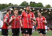 6 May 2022; Will Patching of Derry City celebrates with team-mates after scoring their side's first goal during the SSE Airtricity League Premier Division match between Derry City and Bohemians at The Ryan McBride Brandywell Stadium in Derry. Photo by Stephen McCarthy/Sportsfile