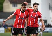 6 May 2022; Will Patching of Derry City celebrates after scoring his side's first goal with team-mate Matty Smith, right, during the SSE Airtricity League Premier Division match between Derry City and Bohemians at The Ryan McBride Brandywell Stadium in Derry. Photo by Stephen McCarthy/Sportsfile