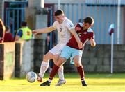 6 May 2022; Edward McCarthy of Galway United in action against James McCarthy of Cobh Ramblers during the SSE Airtricity League First Division match between Cobh Ramblers and Galway United FC at St Colman's Park in Cobh, Cork. Photo by Michael P Ryan/Sportsfile