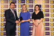 6 May 2022; The 2022 Teams of the Lidl Ladies National Football League awards were presented at Croke Park on Friday, May 6. The best players from the four divisions in the Lidl National Football Leagues were selected by the LGFA’s All Star committee. Mary Kate Lynch of Meath pictured receiving her Division 1 award from President of the LGFA Mícheál Naughton, and Aoife Clarke, Communications and CSR Director, Lidl Ireland. Photo by Ramsey Cardy/Sportsfile