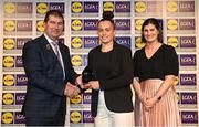 6 May 2022; The 2022 Teams of the Lidl Ladies National Football League awards were presented at Croke Park on Friday, May 6. The best players from the four divisions in the Lidl National Football Leagues were selected by the LGFA’s All Star committee. Emma Duggan of Meath pictured receiving her Division 1 award from President of the LGFA Mícheál Naughton, and Aoife Clarke, Communications and CSR Director, Lidl Ireland. Photo by Ramsey Cardy/Sportsfile
