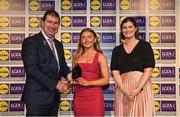 6 May 2022; The 2022 Teams of the Lidl Ladies National Football League awards were presented at Croke Park on Friday, May 6. The best players from the four divisions in the Lidl National Football Leagues were selected by the LGFA’s All Star committee. Grace Ferguson of Armagh pictured receiving her Division 2 award from President of the LGFA Mícheál Naughton, and Aoife Clarke, Communications and CSR Director, Lidl Ireland. Photo by Ramsey Cardy/Sportsfile