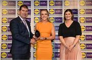 6 May 2022; The 2022 Teams of the Lidl Ladies National Football League awards were presented at Croke Park on Friday, May 6. The best players from the four divisions in the Lidl National Football Leagues were selected by the LGFA’s All Star committee. Catherine Marley of Armagh pictured receiving her Division 2 award from President of the LGFA Mícheál Naughton, and Aoife Clarke, Communications and CSR Director, Lidl Ireland. Photo by Ramsey Cardy/Sportsfile