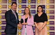 6 May 2022; The 2022 Teams of the Lidl Ladies National Football League awards were presented at Croke Park on Friday, May 6. The best players from the four divisions in the Lidl National Football Leagues were selected by the LGFA’s All Star committee. Rosemary Courtney of Monaghan pictured receiving her Division 2 award from President of the LGFA Mícheál Naughton, and Aoife Clarke, Communications and CSR Director, Lidl Ireland. Photo by Ramsey Cardy/Sportsfile
