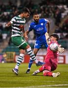 6 May 2022; Danny Mandroiu of Shamrock Rovers has a shot on goal saved by Finn Harps goalkeeper Mark McGinley during the SSE Airtricity League Premier Division match between Shamrock Rovers and Finn Harps at Tallaght Stadium in Dublin. Photo by Seb Daly/Sportsfile