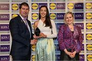 6 May 2022; The 2022 Teams of the Lidl Ladies National Football League awards were presented at Croke Park on Friday, May 6. The best players from the four divisions in the Lidl National Football Leagues were selected by the LGFA’s All Star committee. Bláithín Bogue of Fermanagh pictured receiving her Division 4 award from Mícheál Naughton, Ladies Gaelic Football Association President, and Fiona Fagan, Marketing Director, Lidl Ireland. Photo by Ramsey Cardy/Sportsfile