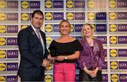6 May 2022; The 2022 Teams of the Lidl Ladies National Football League awards were presented at Croke Park on Friday, May 6. The best players from the four divisions in the Lidl National Football Leagues were selected by the LGFA’s All Star committee. Clare Owens of Leitrim pictured receiving her Division 4 award from Mícheál Naughton, Ladies Gaelic Football Association President, and Fiona Fagan, Marketing Director, Lidl Ireland. Photo by Ramsey Cardy/Sportsfile