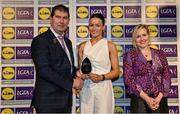 6 May 2022; The 2022 Teams of the Lidl Ladies National Football League awards were presented at Croke Park on Friday, May 6. The best players from the four divisions in the Lidl National Football Leagues were selected by the LGFA’s All Star committee. Amy Gavin Mangan of Offaly pictured receiving her Division 4 award from Mícheál Naughton, Ladies Gaelic Football Association President, and Fiona Fagan, Marketing Director, Lidl Ireland. Photo by Ramsey Cardy/Sportsfile