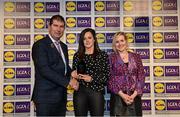 6 May 2022; The 2022 Teams of the Lidl Ladies National Football League awards were presented at Croke Park on Friday, May 6. The best players from the four divisions in the Lidl National Football Leagues were selected by the LGFA’s All Star committee. Caitriona Murray of Wexford pictured receiving her Division 3 award from Mícheál Naughton, Ladies Gaelic Football Association President, and Fiona Fagan, Marketing Director, Lidl Ireland. Photo by Ramsey Cardy/Sportsfile