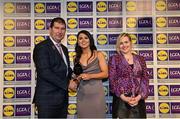 6 May 2022; The 2022 Teams of the Lidl Ladies National Football League awards were presented at Croke Park on Friday, May 6. The best players from the four divisions in the Lidl National Football Leagues were selected by the LGFA’s All Star committee. Jessica Foy of Down pictured receiving her Division 3 award from Mícheál Naughton, Ladies Gaelic Football Association President, and Fiona Fagan, Marketing Director, Lidl Ireland. Photo by Ramsey Cardy/Sportsfile