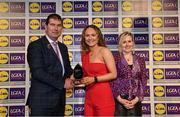 6 May 2022; The 2022 Teams of the Lidl Ladies National Football League awards were presented at Croke Park on Friday, May 6. The best players from the four divisions in the Lidl National Football Leagues were selected by the LGFA’s All Star committee. Aisling Hanly of Roscommon pictured receiving her Division 3 award from Mícheál Naughton, Ladies Gaelic Football Association President, and Fiona Fagan, Marketing Director, Lidl Ireland. Photo by Ramsey Cardy/Sportsfile
