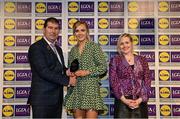 6 May 2022; The 2022 Teams of the Lidl Ladies National Football League awards were presented at Croke Park on Friday, May 6. The best players from the four divisions in the Lidl National Football Leagues were selected by the LGFA’s All Star committee. Neasa Dooley of Kildare pictured receiving her Division 3 award from Mícheál Naughton, Ladies Gaelic Football Association President, and Fiona Fagan, Marketing Director, Lidl Ireland. Photo by Ramsey Cardy/Sportsfile