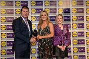 6 May 2022; The 2022 Teams of the Lidl Ladies National Football League awards were presented at Croke Park on Friday, May 6. The best players from the four divisions in the Lidl National Football Leagues were selected by the LGFA’s All Star committee. Niamh Feeney of Roscommon pictured receiving her Division 3 award from Mícheál Naughton, Ladies Gaelic Football Association President, and Fiona Fagan, Marketing Director, Lidl Ireland. Photo by Ramsey Cardy/Sportsfile