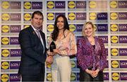 6 May 2022; The 2022 Teams of the Lidl Ladies National Football League awards were presented at Croke Park on Friday, May 6. The best players from the four divisions in the Lidl National Football Leagues were selected by the LGFA’s All Star committee. Grace Clifford of Kildare pictured receiving her Division 3 award from Mícheál Naughton, Ladies Gaelic Football Association President, and Fiona Fagan, Marketing Director, Lidl Ireland. Photo by Ramsey Cardy/Sportsfile