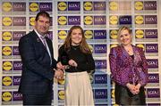 6 May 2022; The 2022 Teams of the Lidl Ladies National Football League awards were presented at Croke Park on Friday, May 6. The best players from the four divisions in the Lidl National Football Leagues were selected by the LGFA’s All Star committee. Orlagh Kehoe of Wexford pictured receiving her Division 3 award from Mícheál Naughton, Ladies Gaelic Football Association President, and Fiona Fagan, Marketing Director, Lidl Ireland. Photo by Ramsey Cardy/Sportsfile
