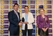 6 May 2022; The 2022 Teams of the Lidl Ladies National Football League awards were presented at Croke Park on Friday, May 6. The best players from the four divisions in the Lidl National Football Leagues were selected by the LGFA’s All Star committee. Aisling Halligan of Wexford pictured receiving her Division 3 award from Mícheál Naughton, Ladies Gaelic Football Association President, and Fiona Fagan, Marketing Director, Lidl Ireland. Photo by Ramsey Cardy/Sportsfile