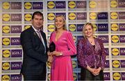 6 May 2022; The 2022 Teams of the Lidl Ladies National Football League awards were presented at Croke Park on Friday, May 6. The best players from the four divisions in the Lidl National Football Leagues were selected by the LGFA’s All Star committee. Molly McGloin of Fermanagh pictured receiving her Division 4 award from Mícheál Naughton, Ladies Gaelic Football Association President, and Fiona Fagan, Marketing Director, Lidl Ireland. Photo by Ramsey Cardy/Sportsfile