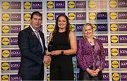 6 May 2022; The 2022 Teams of the Lidl Ladies National Football League awards were presented at Croke Park on Friday, May 6. The best players from the four divisions in the Lidl National Football Leagues were selected by the LGFA’s All Star committee. Sophie Hennessy of Limerick pictured receiving her Division 4 award from Mícheál Naughton, Ladies Gaelic Football Association President, and Fiona Fagan, Marketing Director, Lidl Ireland. Photo by Ramsey Cardy/Sportsfile