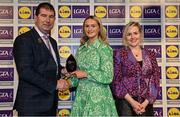 6 May 2022; The 2022 Teams of the Lidl Ladies National Football League awards were presented at Croke Park on Friday, May 6. The best players from the four divisions in the Lidl National Football Leagues were selected by the LGFA’s All Star committee. Iris Kennelly of Limerick pictured receiving her Division 4 award from Mícheál Naughton, Ladies Gaelic Football Association President, and Fiona Fagan, Marketing Director, Lidl Ireland. Photo by Ramsey Cardy/Sportsfile