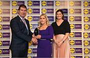 6 May 2022; The 2022 Teams of the Lidl Ladies National Football League awards were presented at Croke Park on Friday, May 6. The best players from the four divisions in the Lidl National Football Leagues were selected by the LGFA’s All Star committee. Lauren McConville of Armagh pictured receiving her Division 2 award from President of the LGFA Mícheál Naughton, and Aoife Clarke, Communications and CSR Director, Lidl Ireland. Photo by Ramsey Cardy/Sportsfile