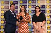 6 May 2022; The 2022 Teams of the Lidl Ladies National Football League awards were presented at Croke Park on Friday, May 6. The best players from the four divisions in the Lidl National Football Leagues were selected by the LGFA’s All Star committee. Aimee Mackin of Armagh pictured receiving her Division 2 award from President of the LGFA Mícheál Naughton, and Aoife Clarke, Communications and CSR Director, Lidl Ireland. Photo by Ramsey Cardy/Sportsfile