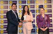 6 May 2022; The 2022 Teams of the Lidl Ladies National Football League awards were presented at Croke Park on Friday, May 6. The best players from the four divisions in the Lidl National Football Leagues were selected by the LGFA’s All Star committee. Sinéad Kenny of Roscommon pictured receiving her Division 3 award from Mícheál Naughton, Ladies Gaelic Football Association President, and Fiona Fagan, Marketing Director, Lidl Ireland. Photo by Ramsey Cardy/Sportsfile
