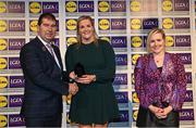 6 May 2022; The 2022 Teams of the Lidl Ladies National Football League awards were presented at Croke Park on Friday, May 6. The best players from the four divisions in the Lidl National Football Leagues were selected by the LGFA’s All Star committee. Helena Cummins of Roscommon pictured receiving her Division 3 award from Mícheál Naughton, Ladies Gaelic Football Association President, and Fiona Fagan, Marketing Director, Lidl Ireland. Photo by Ramsey Cardy/Sportsfile
