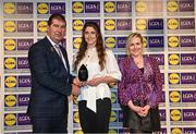 6 May 2022; The 2022 Teams of the Lidl Ladies National Football League awards were presented at Croke Park on Friday, May 6. The best players from the four divisions in the Lidl National Football Leagues were selected by the LGFA’s All Star committee. Róisín Murphy of Wexford pictured receiving her Division 3 award from Mícheál Naughton, Ladies Gaelic Football Association President, and Fiona Fagan, Marketing Director, Lidl Ireland. Photo by Ramsey Cardy/Sportsfile