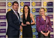 6 May 2022; The 2022 Teams of the Lidl Ladies National Football League awards were presented at Croke Park on Friday, May 6. The best players from the four divisions in the Lidl National Football Leagues were selected by the LGFA’s All Star committee. Eimear Smyth of Fermanagh pictured receiving her Division 4 award from Mícheál Naughton, Ladies Gaelic Football Association President, and Fiona Fagan, Marketing Director, Lidl Ireland. Photo by Ramsey Cardy/Sportsfile