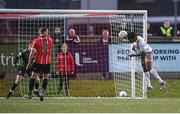 6 May 2022; Promise Omochere of Bohemians has a header on goal during the SSE Airtricity League Premier Division match between Derry City and Bohemians at The Ryan McBride Brandywell Stadium in Derry. Photo by Stephen McCarthy/Sportsfile