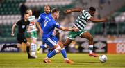 6 May 2022; Aidomo Emakhu of Shamrock Rovers in action against Rob Slevin of Finn Harps during the SSE Airtricity League Premier Division match between Shamrock Rovers and Finn Harps at Tallaght Stadium in Dublin. Photo by Seb Daly/Sportsfile