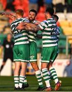 6 May 2022; Roberto Lopes of Shamrock Rovers, second from left, celebrates with teammates after scoring their side's first goal during the SSE Airtricity League Premier Division match between Shamrock Rovers and Finn Harps at Tallaght Stadium in Dublin. Photo by Seb Daly/Sportsfile