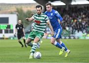 6 May 2022; Richie Towell of Shamrock Rovers in action against Ryan Rainey of Finn Harps during the SSE Airtricity League Premier Division match between Shamrock Rovers and Finn Harps at Tallaght Stadium in Dublin. Photo by Seb Daly/Sportsfile