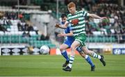 6 May 2022; Rory Gaffney of Shamrock Rovers in action against Conor Tourish of Finn Harps during the SSE Airtricity League Premier Division match between Shamrock Rovers and Finn Harps at Tallaght Stadium in Dublin. Photo by Seb Daly/Sportsfile