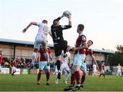 6 May 2022; Cobh Ramblers goalkeeper Sean Barron catches the ball under pressure from Killian Brouder of Galway United during the SSE Airtricity League First Division match between Cobh Ramblers and Galway United FC at St Colman's Park in Cobh, Cork. Photo by Michael P Ryan/Sportsfile