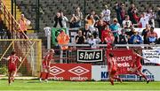 7 May 2022; Jessie Stapleton of Shelbourne, second from left, celebrates after scoring her side's first goal during the SSE Airtricity Women's National League match between Shelbourne and Peamount United at Tolka Park in Dublin. Photo by Sam Barnes/Sportsfile