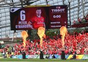 7 May 2022; The name of Munster captain Peter O'Mahony on the screen before the Heineken Champions Cup Quarter-Final match between Munster and Toulouse at Aviva Stadium in Dublin. Photo by Ramsey Cardy/Sportsfile