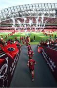 7 May 2022; The Munster team run out before the Heineken Champions Cup Quarter-Final match between Munster and Toulouse at Aviva Stadium in Dublin. Photo by Ramsey Cardy/Sportsfile