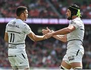7 May 2022; Matthis Lebel of Toulouse celebrates with teammate Francois Cros after scoring their side's second try during the Heineken Champions Cup Quarter-Final match between Munster and Toulouse at Aviva Stadium in Dublin. Photo by Brendan Moran/Sportsfile