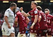 7 May 2022; Mike Haley of Munster, third from left, celebrates after scoring his side's third try during the Heineken Champions Cup Quarter-Final match between Munster and Toulouse at Aviva Stadium in Dublin. Photo by Brendan Moran/Sportsfile