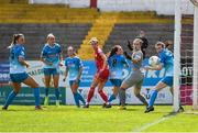 7 May 2022; Players from both sides look as as Sadhbh Doyle of Peamount United, 8, almost scores an own goal during the SSE Airtricity Women's National League match between Shelbourne and Peamount United at Tolka Park in Dublin. Photo by Sam Barnes/Sportsfile