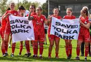 7 May 2022; Shelbourne players, including Pearl Slattery, centre, celebrate with banners reading &quot;Saved Tolka Park&quot; after their side's victory in the SSE Airtricity Women's National League match between Shelbourne and Peamount United at Tolka Park in Dublin. Photo by Sam Barnes/Sportsfile