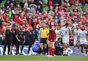 7 May 2022; Ben Healy of Munster reacts after missing during the 'place kick competition' to decide the winner of the Heineken Champions Cup Quarter-Final match between Munster and Toulouse at Aviva Stadium in Dublin. Photo by Brendan Moran/Sportsfile